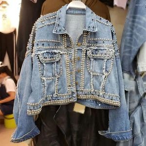 Jaquetas femininas jaqueta mulheres 2024 outono mão rebite cravejado denim solto outwear estudantes femininos casuais jeans curtos casacos