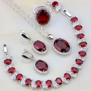 Sets 925 Sterling Silver Jewelry Red Garnet White Zircon Jewelry Sets For Women Wedding Necklace/Earrings/Bracelet/Pendant/Ring