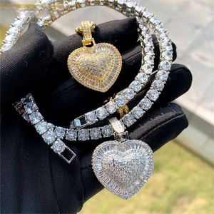 Hot Selling Gold Silver Plated Sparking Bling Women Jewelry Micro Pave 5a Cz Full Diamond Heart Shape Pendant Tennis Chain Neckl