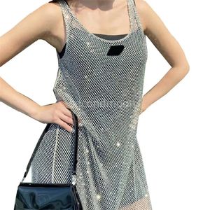 Frauen Party Sexy Kleider Bling Strass Aushöhlen Kleid Mode Designer 2 Stück Sets Dame Ärmellose Weste Rock