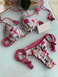 Kvinnors badkläder Plant Printed Woven Rope Bikini Set for Womens Swimsuit Sexig låg midja Tvådelad stranddräkt 2022 baddräkt Ny baddräkt J240221