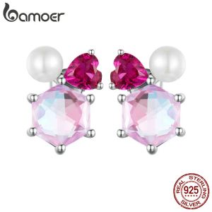 Earrings Bamoer 925 Sterling Silver Pink Sparkling Pearl Ear Studs for Women Zircon Ear Studs Fashion Birthday Christmas Gift