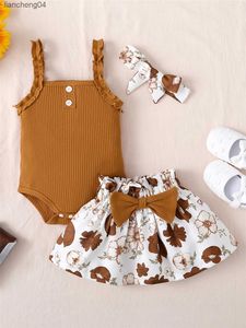 Conjuntos de roupas 3 peças conjunto de roupas para bebês meninas de 3 a 18 meses sem mangas body sólido + saia floral + faixa de cabeça verão infantil menina roupa casual terno