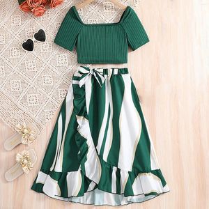 Conjuntos de roupas moda verão roupas vestido para crianças meninas 7-12yrs 2024 puff manga curta verde top listra saias duas peças conjunto