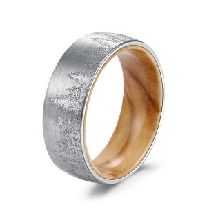 Rings POYA TUNGSTEN Forest Mountain Ring with Oliver Wood Liner Men's 8 mm Wedding Band Comfort Fit