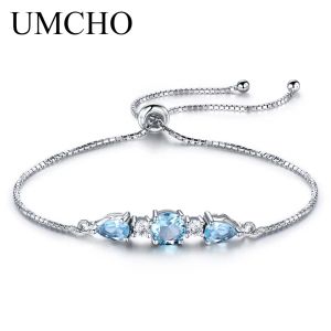 Armreifen Umcho Solid 925 Sterling Silber Armbänder für Frauen natürlicher Himmelblau Topaz Verstellbares Tennisarmband Feinschmuck