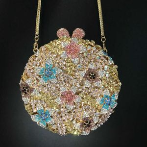 Round wheat ear flower inlaid diamond dinner bag, water diamond small makeup bag, banquet dress bag, clutch bag 240221