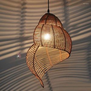 Hängslampor handgjorda bambu conch ljuskrona retro kinesisk restaurang bar lampa kreativ personlighet café tehus dekorativt pendent ljus