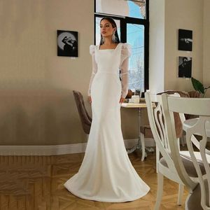 Abito da sposa classico in raso a sirena maniche lunghe a sbuffo scollo quadrato abito formale da sposa con bottoni Vestido De Noiva