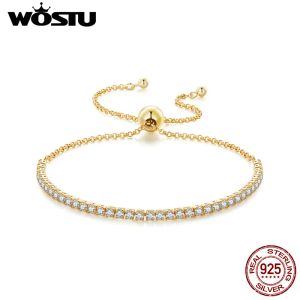 Armreifen WOSTU 925 Sterling Silber 18K Gold Tennis Pull Einstellbare Charm Armbänder Frauen Runde Klare CZ Links Hochzeit Schmuck Zubehör