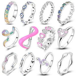 Cluster Rings Engagement For Women 925 Sterling Silver Pink Heart Colorful Zircon Romantic Wedding Valentine's Day Jewelry