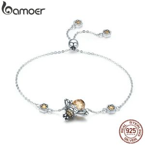 Armbands bamoer äkta 100% 925 Sterling Silver Dancing Honey Bee Chain Link Women Armband Crystal Big Stone Armband Jewelry SCB043