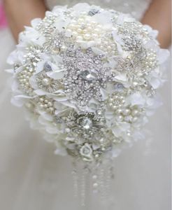 White Hydrangea drop brooch bouquet Silver wedding bouquets crystal teardrop Bridal Bouquet Pearl tassels decor41796023695882