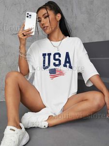 女性用TシャツチームUSAスポーツTシャツ女性夏ルーズ特大服の通気性コットンTシャツ高品質のブランドストリートウェーズ女性T240221