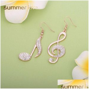 Stud New Shining Czech Rhinestone Treble Clef Notes Eighth Note Dangle Earring For Women Alloy Gold Sier Rose Fishhook Drop Dhgarden Dhwme