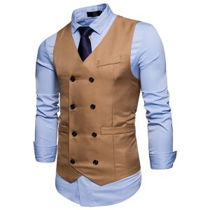 #4828 Suits Vests Men Solid Color Short Men's Vests Double Breasted Vest Slim Fit Office Men's Sleeveless Vest Korean