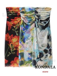 Podstawowe sukienki swobodne Kondala Vintage Flower Print Szyfonowy Długa sukienka bez ramiączek Kobieta moda 2023 Letnia plisowana prosta sukienka Elegancka mejr vestido T240221