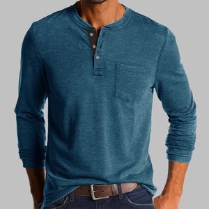 Primavera outono tendência tshirt masculino elegante moda botão meia gola aberta cor sólida manga longa bolso camisas 240219