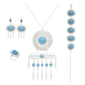 Necklace Earrings Set Bohemian Vintage Blue Beaded Tassel Earring Ethnic Ornament Jewelry