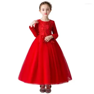 Vestidos da menina elegante princesa vestido de renda crianças flor bordado para meninas do vintage roupas infantis festa de natal vestido de baile vermelho