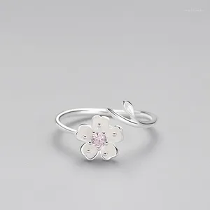 Cluster Rings Japanese Silver Plated Zircon Cherry Blossoms Opening Ring Elegant Fine Jewelry For Women Romantic Valentine's Day Gift
