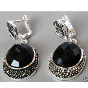 Earrings Free Shipping hot sell new Vintage 925 Sterling Silver Natural Faceted Black jade Onyx Marcasite Earrings