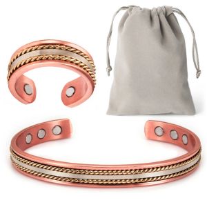 Bracciali bracciale magnetico in rame e anello per donne uomini eleganti bracciale magnetico con bracciale per cuffia di rame puro al 99,9% con regali sacche da regalo