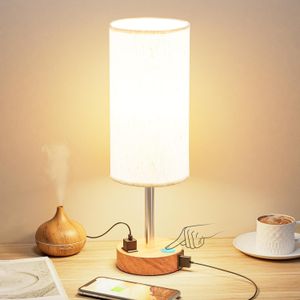 Bedside Table Lamp for Bedroom Nightstand - 3 Way Dimmable Touch Small Lamp USB C Charging Ports and AC Outlet, Wood Base Round Flaxen Fabric Shade f
