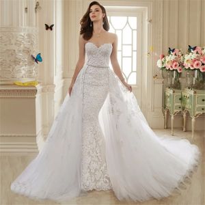 TOUNNINGBRIDE 2024 Sweetheart Applique Lace Mermaid Wedding Dress with Löstagbar tåg Princess Kjol Två stycken Sexiga brudklänningar