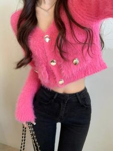 Cardigans Fur Knitted Cardigan Women Long Sleeve Y2k Crop Tops Korean Fashion Sweater Coats Office Lady Pure Color Button 2022 Autumn Chic