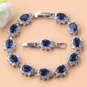 Bracelets 12Color Flower Costume Blue Cubic Zirconia 925 Mark Women Jewelry Overlay Chain Link Bracelet Adjustable Length 18+3 CM