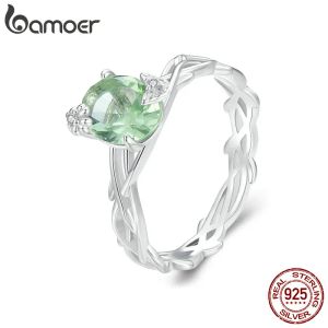 Кольца Bamoer Vine Ring для женщин Сплошное 925 Серебряный серебряный зеленый круглый кольцо для драгоценных камней для свадебных ювелирных изделий BSR466