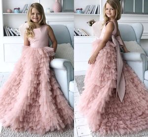 Cacscading fırfırlar pembe kızlar yarışmaları prenses prenses bir çizgi mücevher boynu sırtsız çiçek kız elbise ile büyük yay kanat gençleri resmi parti doğum günü önlük