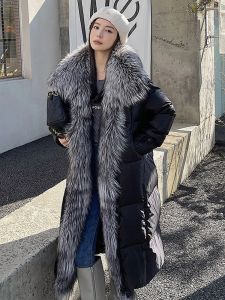 Coats Women Winter Coats With Big Silver Fox Fur Collar Trim New Goose Duck Down Jacket Female Loose Fashion Collar Detachable Long