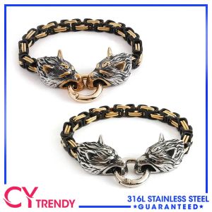 Bracelets Stainless Steel King Chain Vintage Viking Fenrir Wolf Head Byzantine Link Bracelet