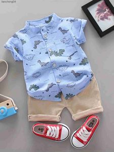 Set di abbigliamento Pantaloncini a maniche corte con stampa completa estiva per neonati e bambini piccoli, modello di dinosauro, camicia con colletto in piedi da esterno alla moda