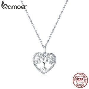 Halsband Bamoer 925 Sterling Silver Radiant Clear Cz Tree of Life Heart Pendant Necklace For Women Family Presents Fina smycken BSN176