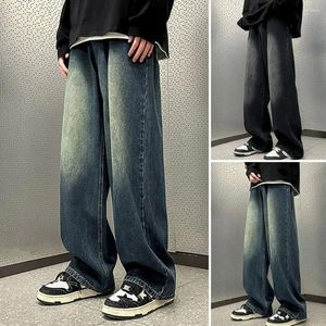 Men's Jeans 1Pc Men Retro Washed Blue Button Zipper Wide-leg Pants With Gradient Contrast Color Hop Denim Trousers For