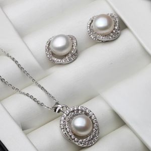 Necklaces Real White Black Natural Pearl Necklace Earring Set For Women,Wedding 925 Sterling Silver Fine Jewelry Anniversary