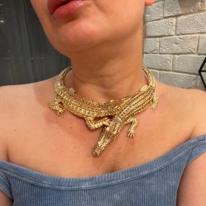 Necklaces 2024 New Heavy Metal Double Crocodile Choker Necklace Women Crystal Rhinestones Indian Statement Large Collar Chunky Necklace