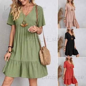 Grundläggande avslappnade klänningar kvinnor solida boho klänningar sommar elegant v-hals kort ärm ruffles lös klänning kvinnlig casual a-line fest vintage mini klänning t240221