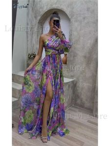 Grundläggande avslappnade klänningar Sexig kontrasterande färgblomma tryck maxi klänning kvinnor mode off axel split mantel vestidos mode chic lady klänningar t240221