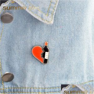 Pins, Brooches Uni 2Pcs/Set Enamel Brooch Pins Set Red Black Broken Heart Wine Bottle Denim Jacket Bag Pin Badge Fashion Acc Jewelry Dhzxr