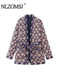 Parkas nlzgmsj traf 2023 Women Parka kimono stil tryckt quiltad bomullsjacka rockar spetsar upp vintage höst vinter casual lösa toppar