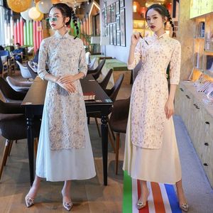 Roupas étnicas Lace Longo Moderno Cheongsam Versão Modificada do Plus Size Chinês Estilo Tradicional Audrey Manga Cortada Qipao Vestido