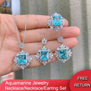 Uppsättningar QXTC Trend Wedding Smyckesuppsättningar för kvinnor Vintage 8*10mm Aquamarine Stone Rings/Drop Earrings/Pendant/Necklace Birthday Present