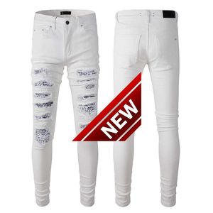 843 High Street Fashion Brand bianco slim fit patch con foro Leggings casual piccolo tubo dritto