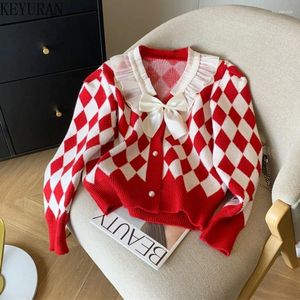 Women's Knits Argyle Bow Knitted Cardigans Women Sweaters Autumn Winter Sweet Korean Fashion V-Neck Long Sleeve Single Breasted Knitwear