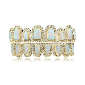 Grillz Dental Grills Fashion Gold Plated Bling CZ Natural Opal Teeth Grillz Set Top Bottom Rapper Jewelry Drop Delivery Body Dhnmn