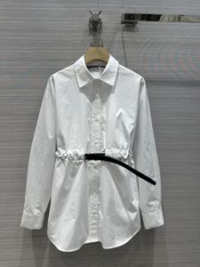 2024 branco/preto lapela pescoço mangas compridas algodão camisas longas das mulheres designer solto blusas femininas vestido com cintos dh0002